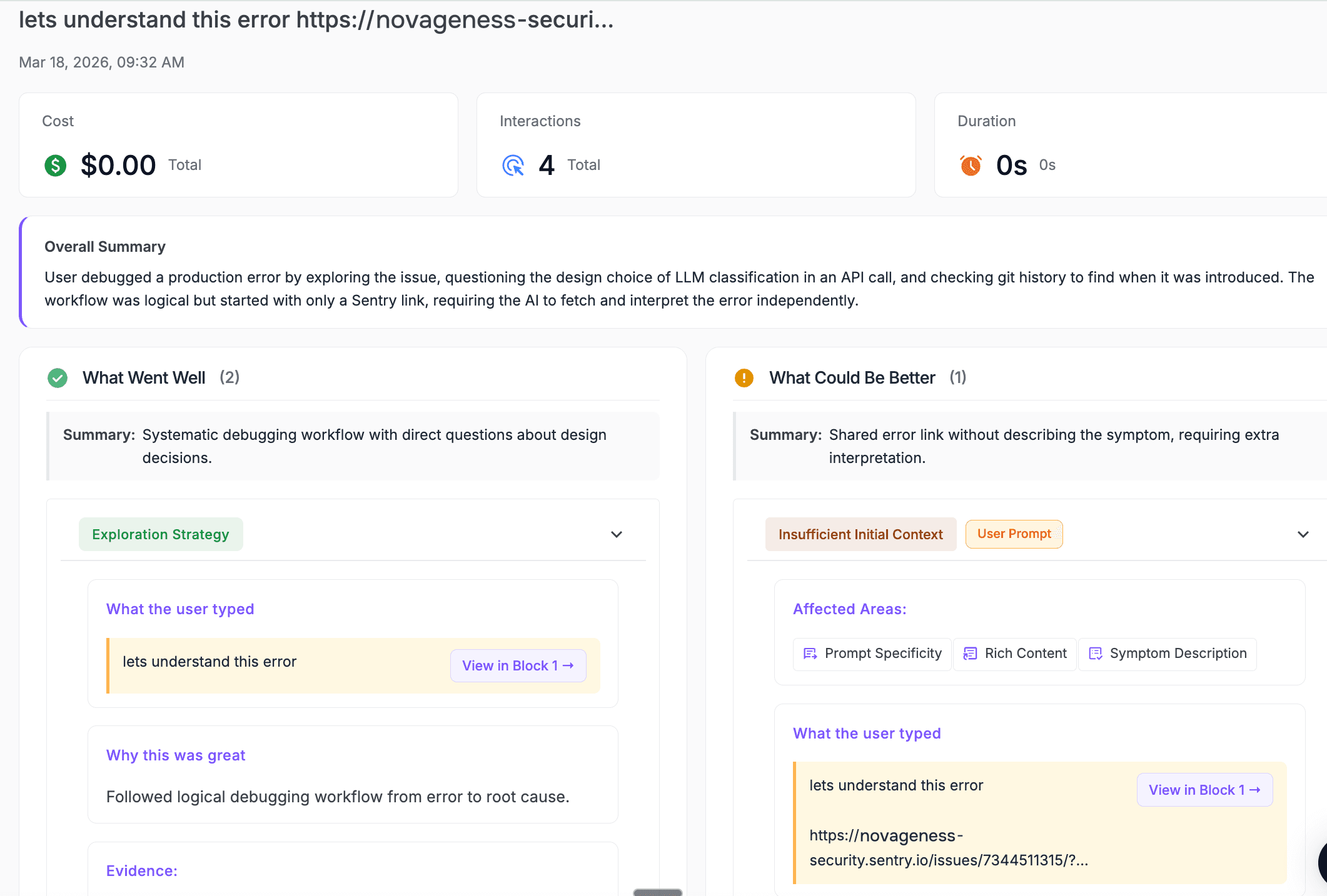 Prompt Insights — turn-by-turn analysis of a multi-turn coding session showing intent mapping and improvement suggestions